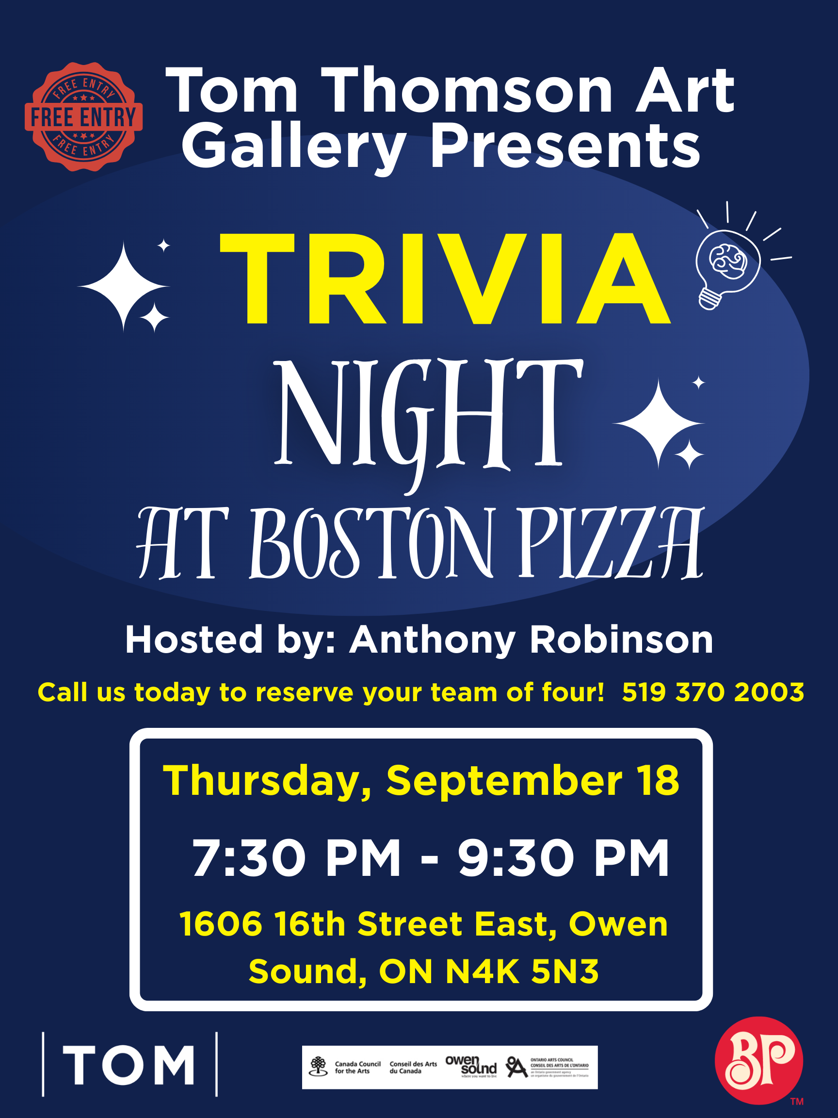 Event image Tom Thomson Presents Trivia Night at Boston Pizza